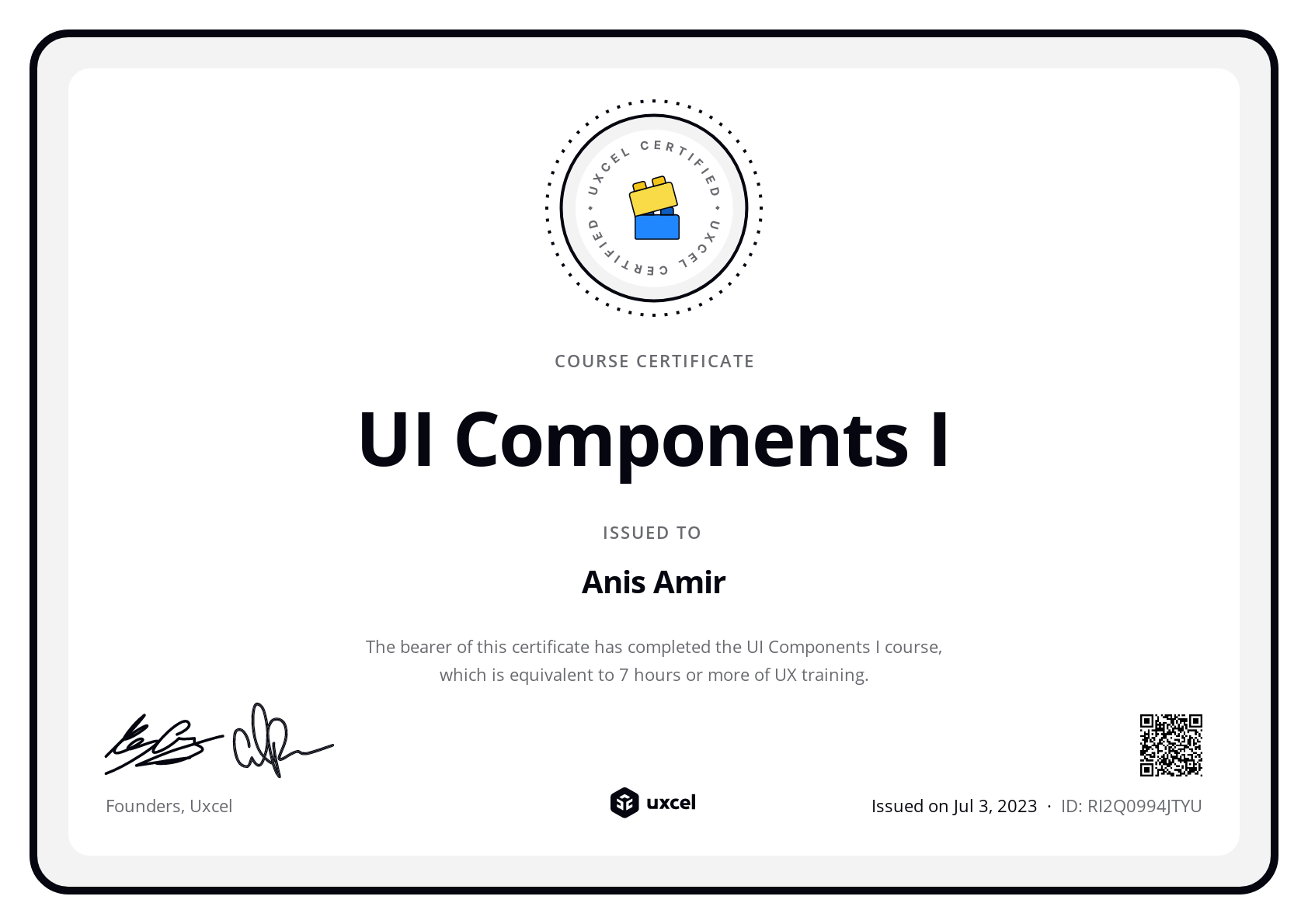 Anis Amir's certificate